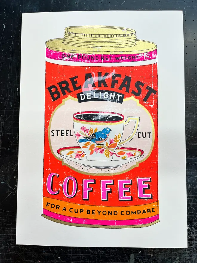 Bird/ Coffee Tin Screenprint A Cup Beyond Compare, a colourful coffee tin design in the centre of a white screenprint. 