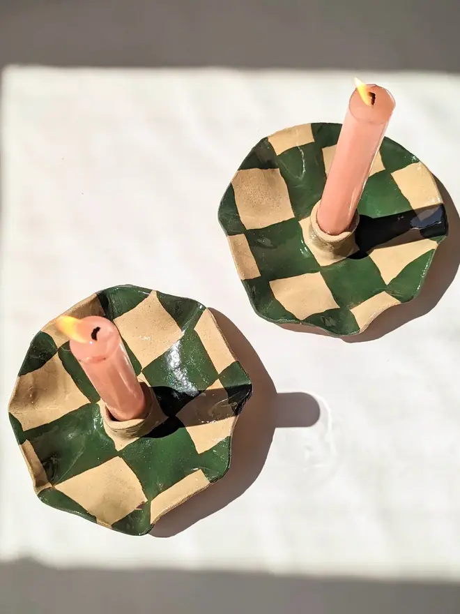 Pair of Green Check Scalloped Candle Holder