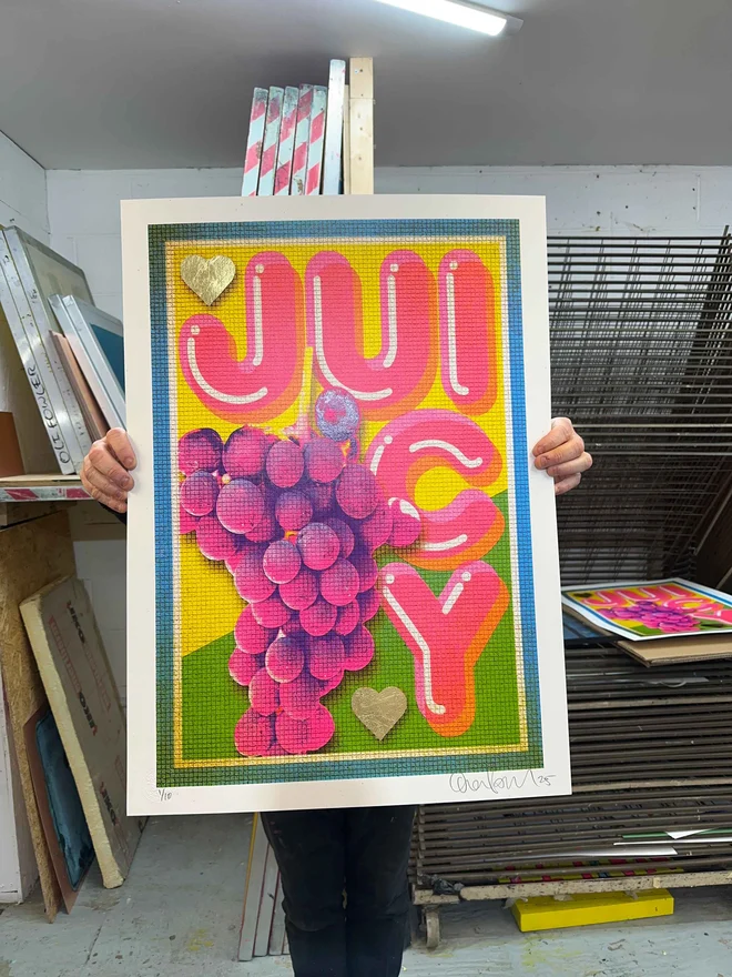 juicy typographical retro screenprint with grapes and tiled mosiac floor