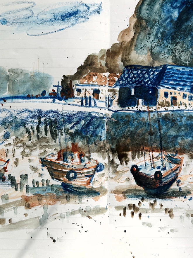 a sea scape painting with boats