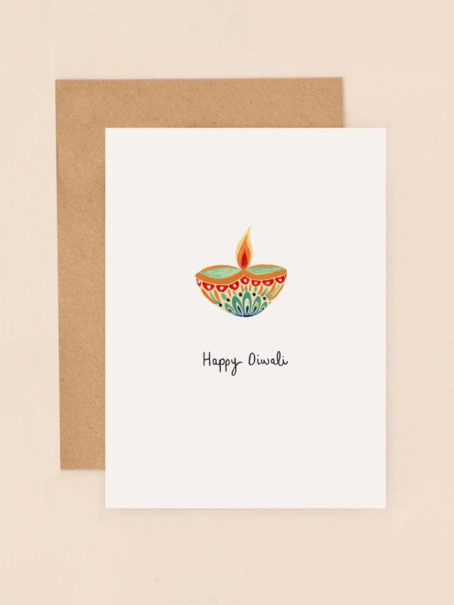 A vibrant illustration featuring a traditional Indian diya (oil lamp) adorned with intricate patterns and warm gold accents, symbolising the Festival of Lights. The card's design combines rich colours and elegant details, making it a perfect choice for sending heartfelt Diwali greetings.