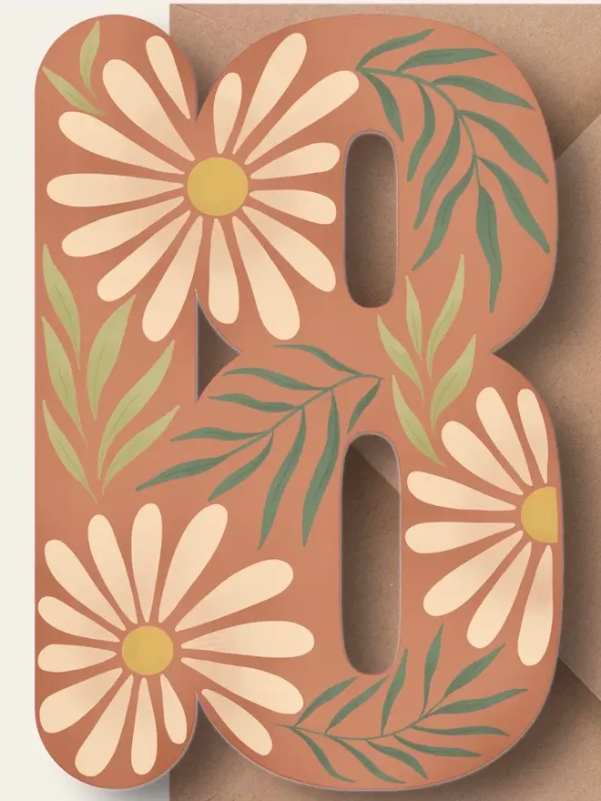 floral 18th birthday card. card shaped like number 18 with daisies and leaves.