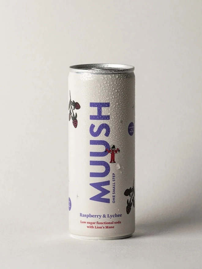 Raspberry & Lychee Cans (Pack Of 12), a can of raspberry and lychee soda sitting on a plain backdrop. 