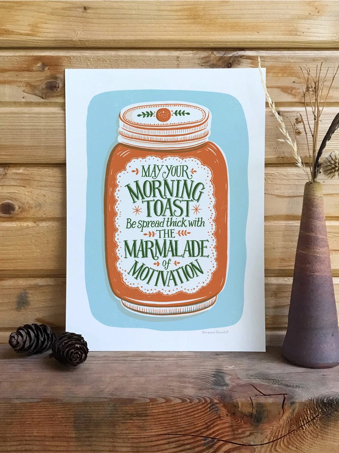 orange marmalade jar drawing on wood cabin background
