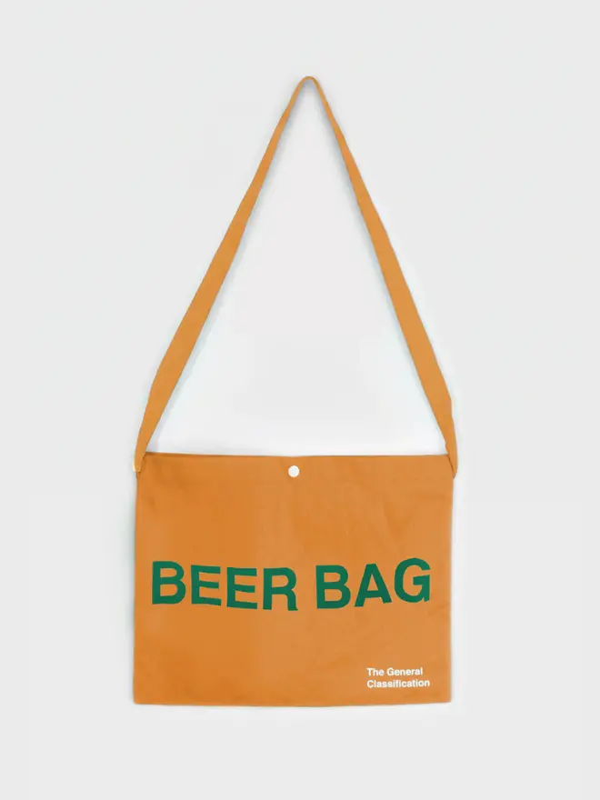 'Beer Bag' Musette Bag, against a grey background. 