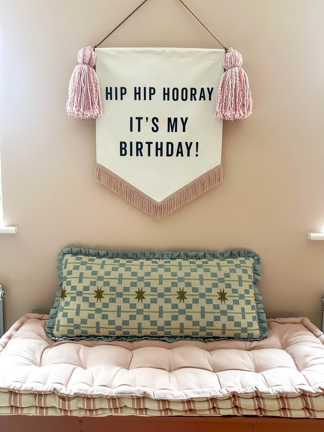 Hip Hip Hooray Fabric Birthday Banner with pink tassels and a rose gold trim