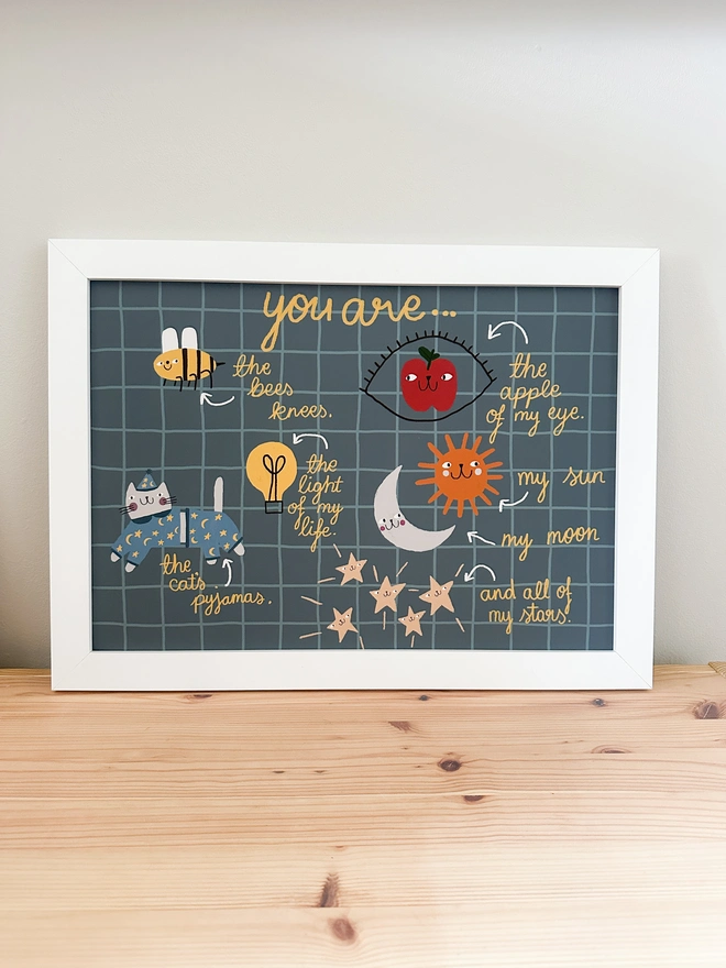 kids wall art print full of positive affirmations - statements: you are the cats pyjamas, you are the apple of my eye, the bees knees, the light of my life, my sun, my moon and all of my stars. 