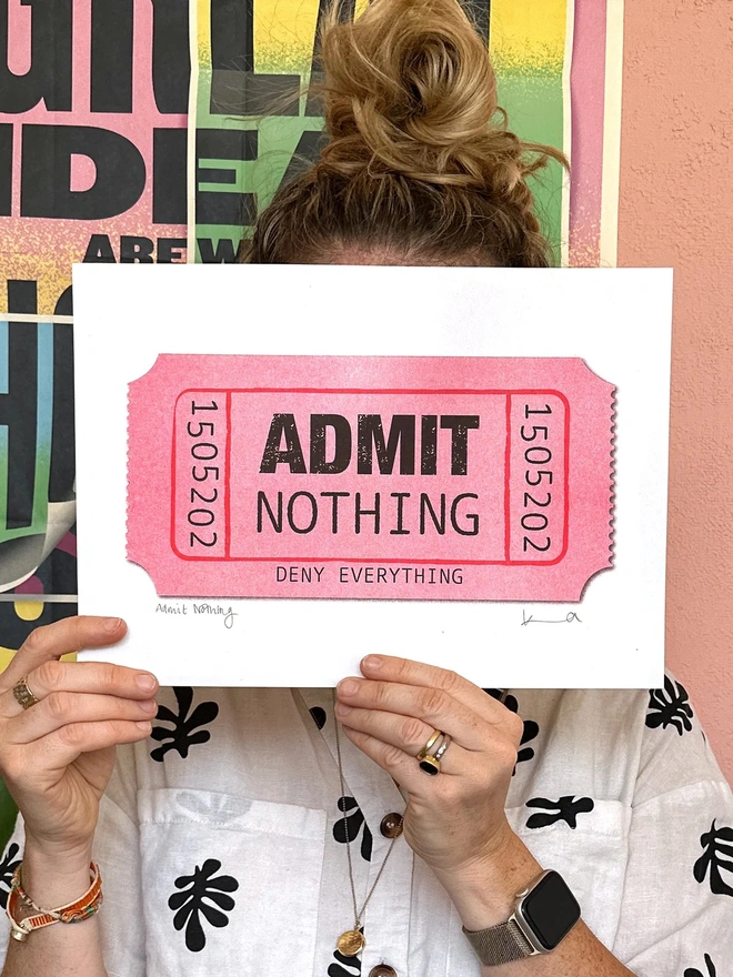 'Admit Nothing, Deny Everything' Ticket Risoprint in Dusty Pink