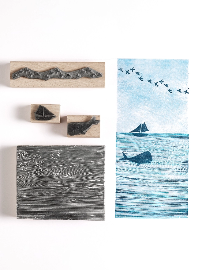 whale and sea rubber stamps