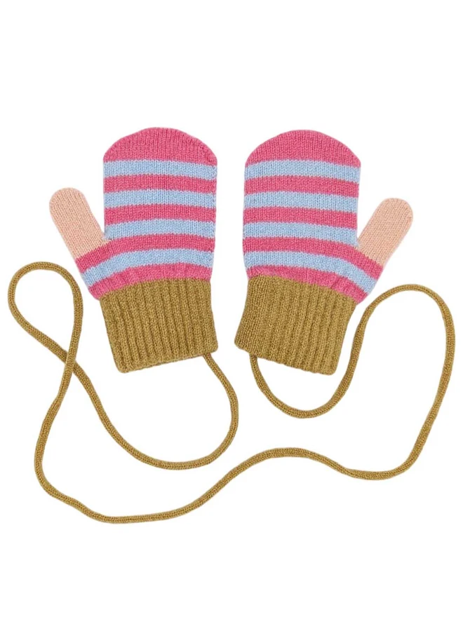 Pink And Blue Striped Kids Mittens With A String