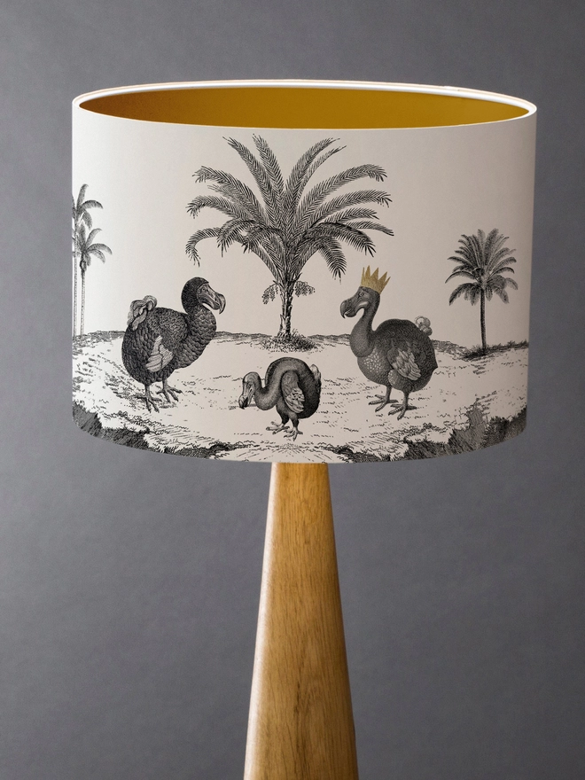 Drum Lampshade featuring Dodos on a wooden base 