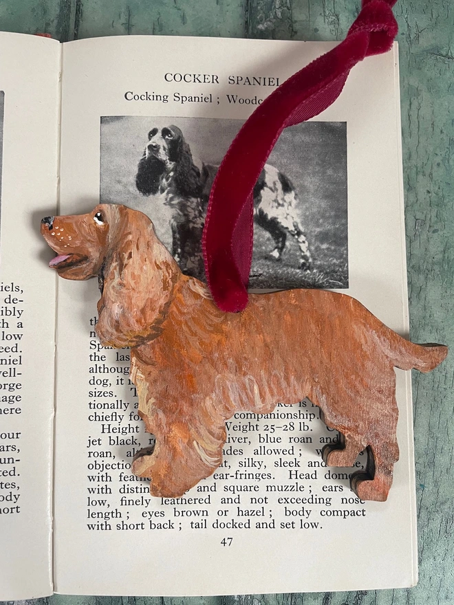 Ginger Cocker Spaniel Hand-painted Christmas Decoration hung with red velvet ribbon