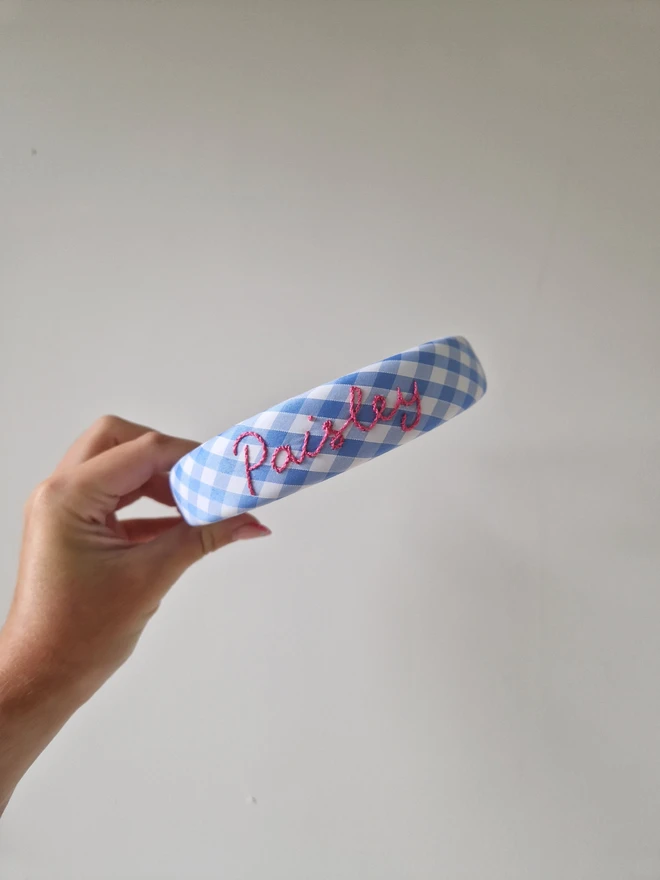 blue gingham personalised headband