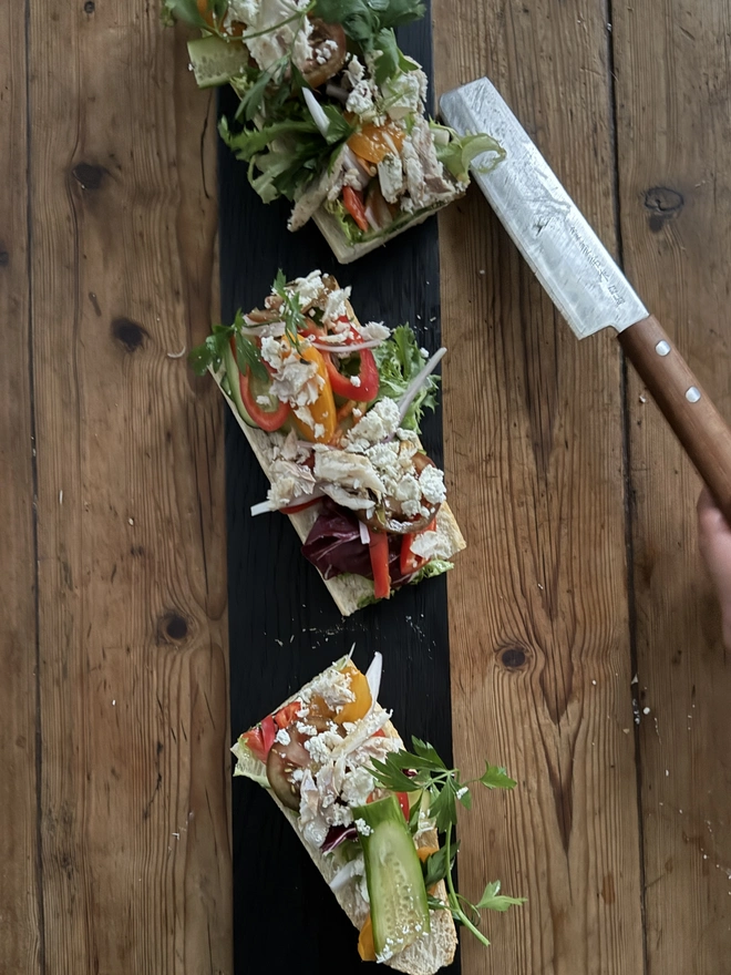 Yakisugi side charred black oak with colourful sandwiches
