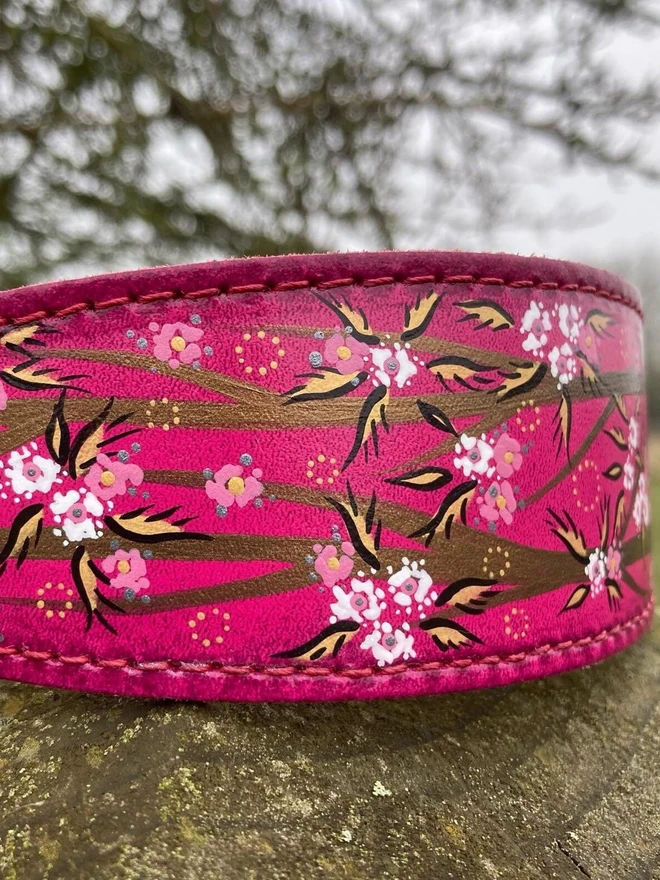 pink floral hand painted leather dog collar