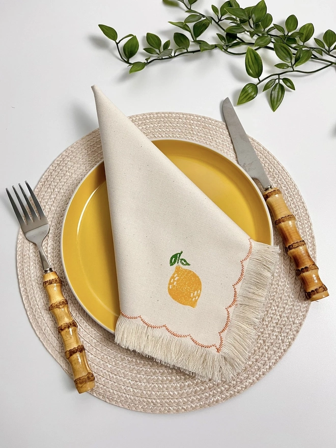 Block Printed Fringed Napkins (Lemon Set Of 2)