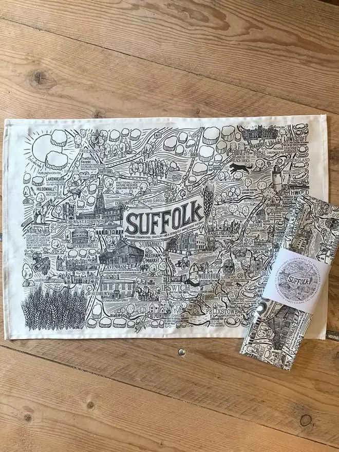 Suffolk Print Tea Towel Open and Packaged