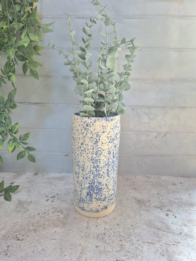 Tall vase, large vase, blue and white vase, speckled vase, splatterware vase, Jenny Hopps Pottery, 