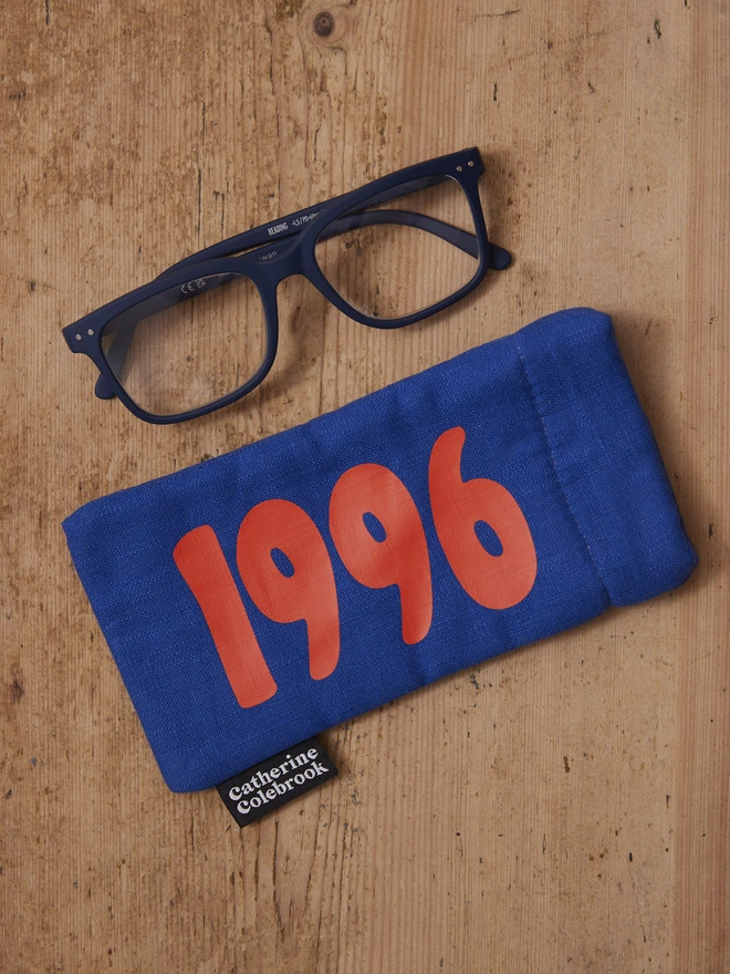 Royal blue with orange personalised year glasses case 