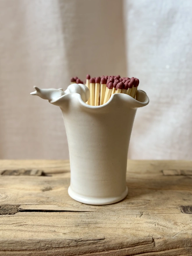 Ceramic match stick pot with hand sculpted snail