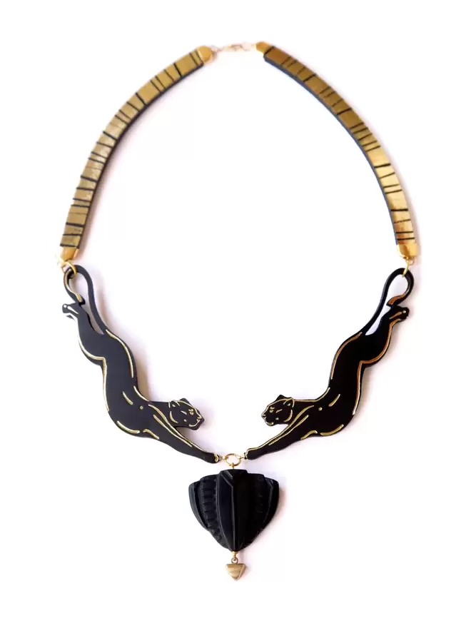 black leather pouncing panther necklace