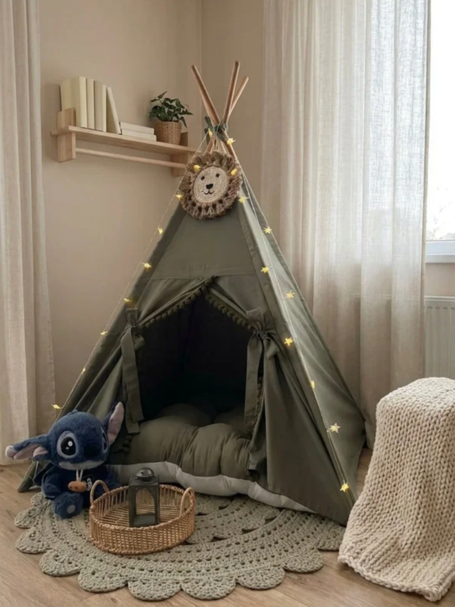 Personalised Kids’ Olive Teepee. An olive teepee in a bedroom.