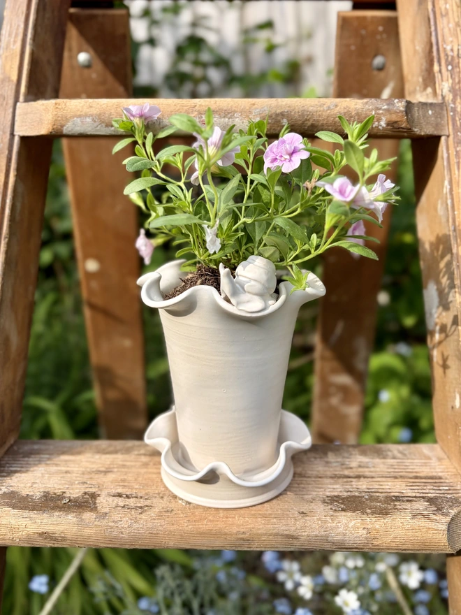 Frilly ceramic plant pot with saucer and hand sculpted snail in white glaze