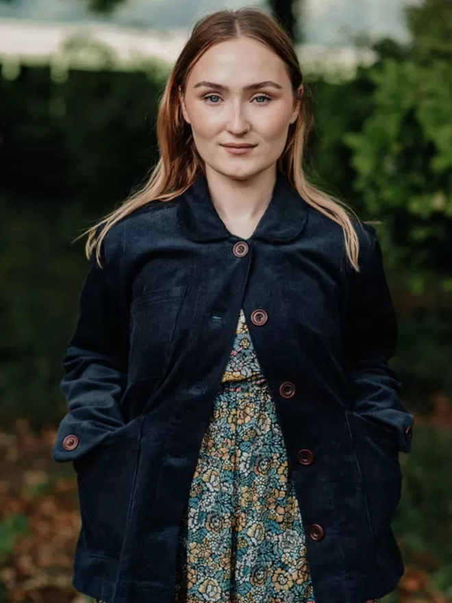 Corduroy jacket in storm blue, front view outdoors