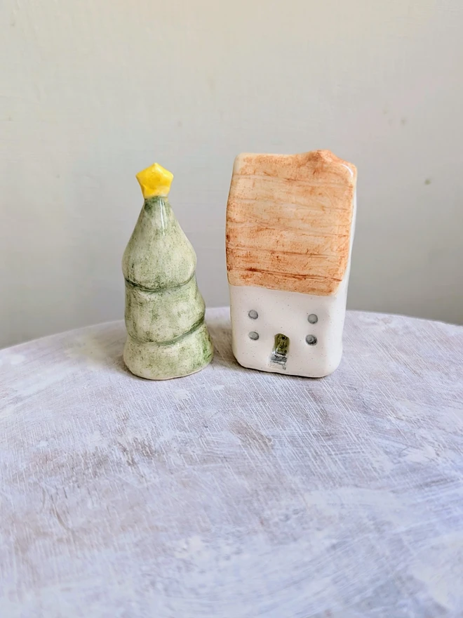 miniature ceramic house and tree for ornament or christmas cake topper decoraton