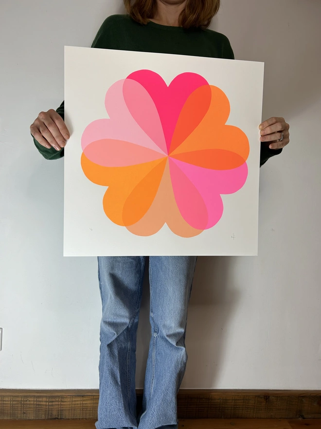 Neon Pink and Orange Hearts and Flowers Screen Print by Hannah Carvell, Limited Edition