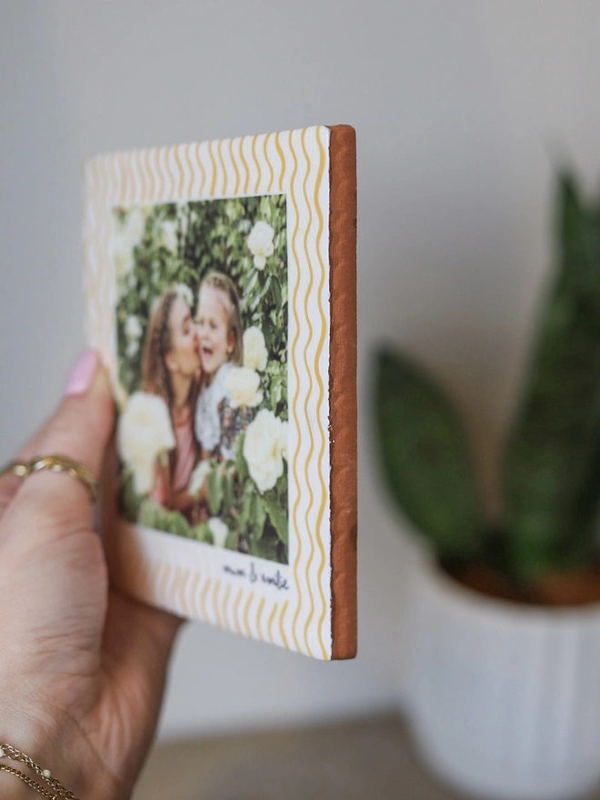 Personalised Crackle Glazed Wavy Orange Ceramic Photo Tile
