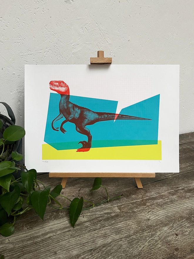 Big Red Raptor - Screen Printed Dinosaur Poster - lifestyle shot