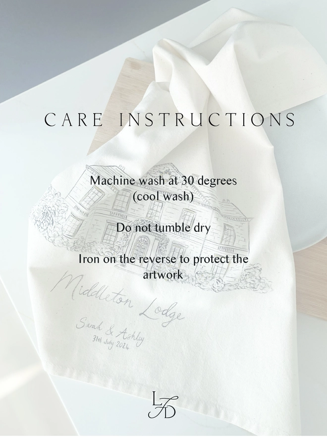 Care instructions for a hand painted tea towel featuring a wedding venue illustration