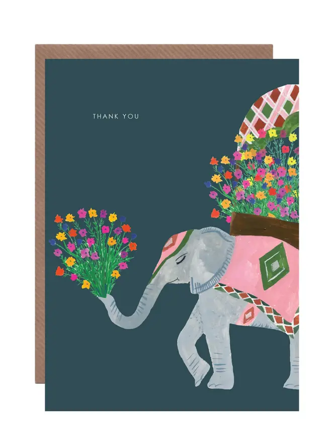 Thank you greeting card Dark grey background with an elepant with a bright boquet of flowers comes with a brown envelope pack of 5