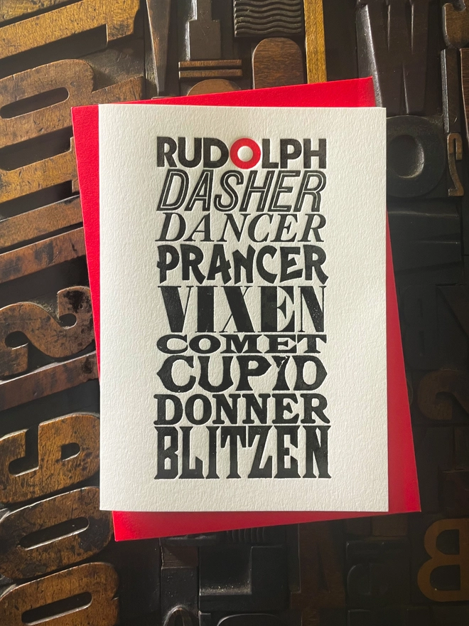 Nine reindeer. Nine typefaces. One magical flight. A typographic tribute to Santa’s reindeer, printed with care in classic letterpress tradition. XMAS For all you typographers out there, A pack of these beautiful typographic letterpress Christmas cards. Printed with rich inks with luxury matching and contrasting envelopes; ideal to send to your designer friends at the festive season. Hand printed on "Mary"; my vintage treadle Arab platen. 