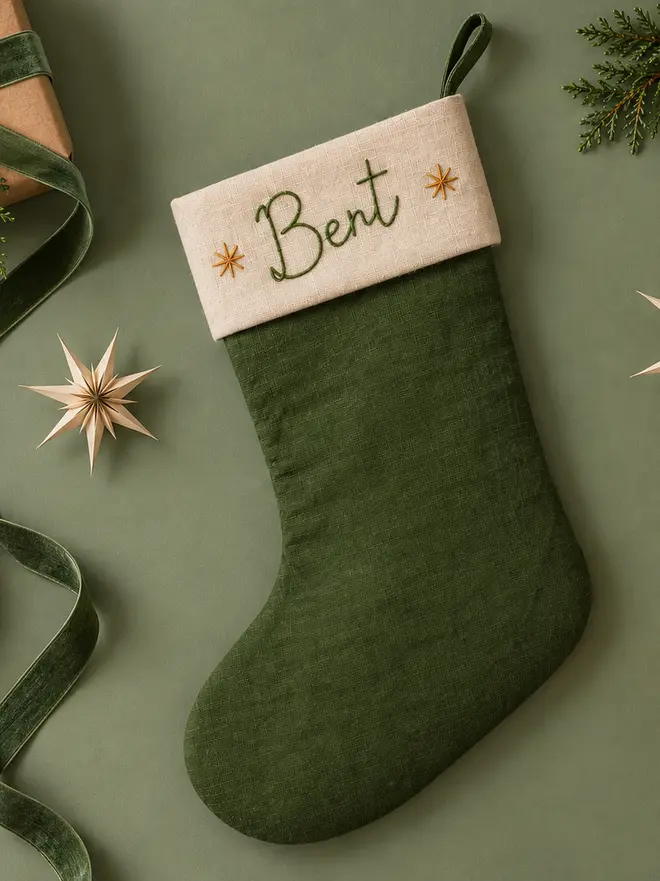 Green linen Christmas stocking - personalised hand embroidered name 