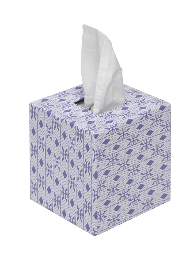Tijan Tissue Box Cover, a colourful and patterned tissue box sitting on a white surface against a plain backdrop. 