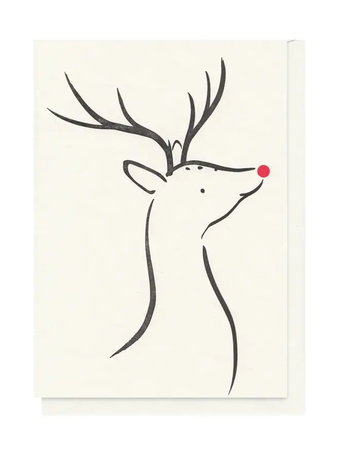 Letterpress Printed Reindeer Handcrafted Card. Black print on white background. 