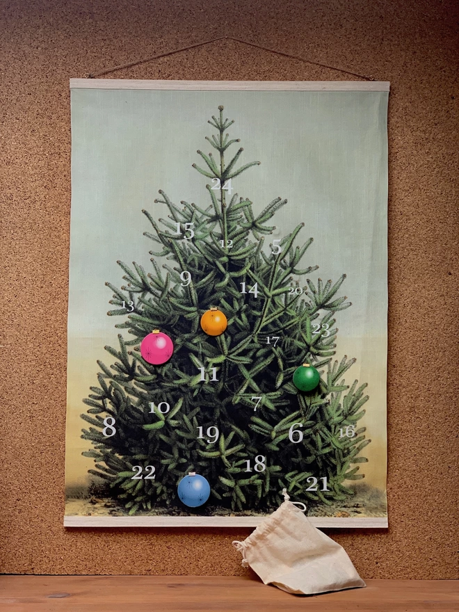 A partially decorated Christmas tree wall hanging