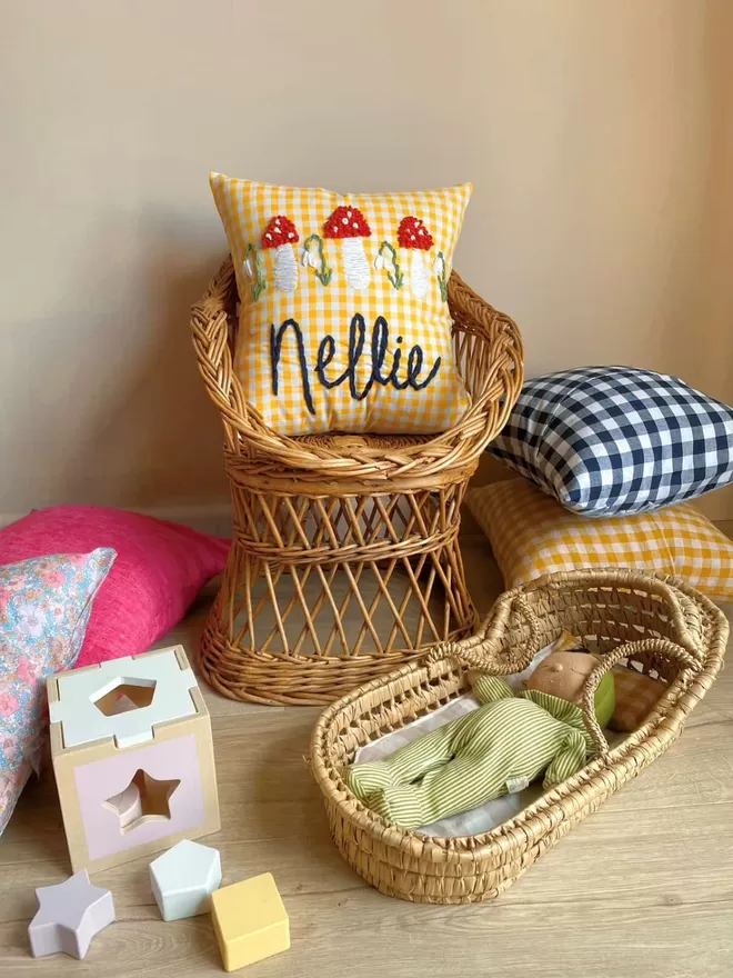 Gingham Sunshine Yellow Toadstool Cushion kids decor embroidery