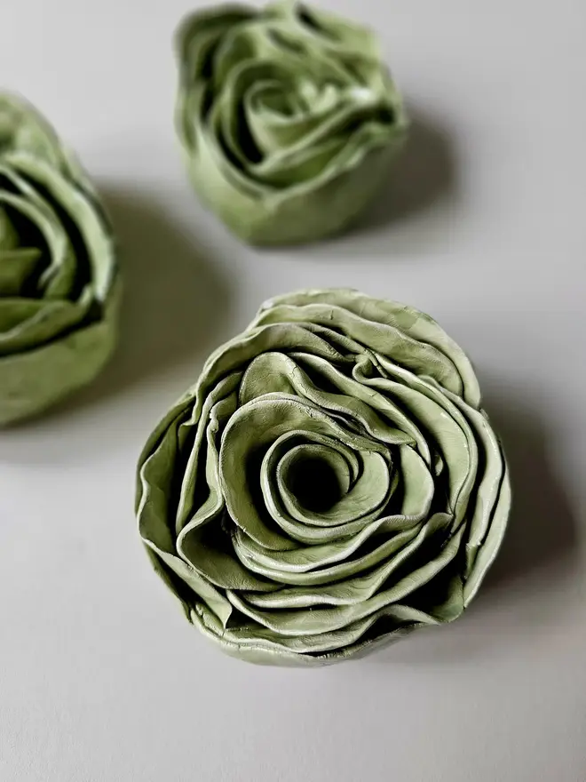handmade green ceramic rose flower wall hanging decor sculpture art pottery glazed gift for her forever everlasting rose