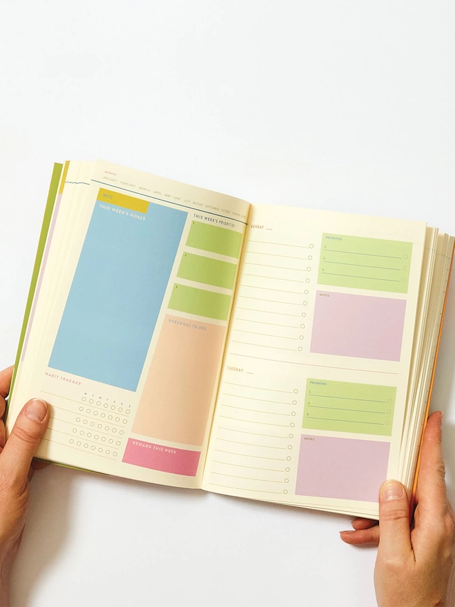 Colourful sections inside planner give spaces to record weekly goals, track habits, personal to dos, the week's priorities, notes, and even a space to plan a reward for the week. 