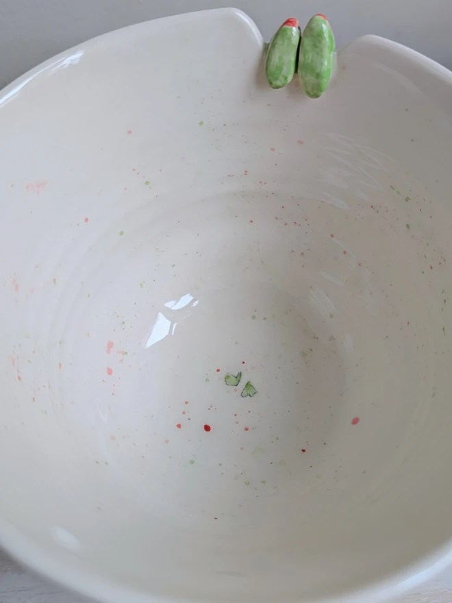 lovebird bird couple ceramic bowl or planter with pink, red and green stripes, hearts and splatters