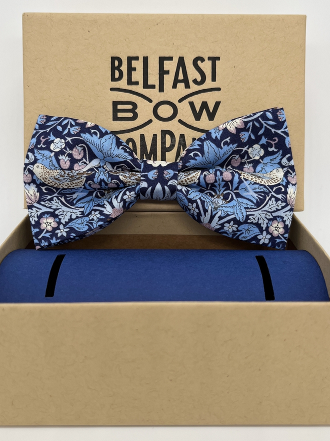 Navy Blue Strawberry Thief Bow Tie handmade by the Belfast Bow Company