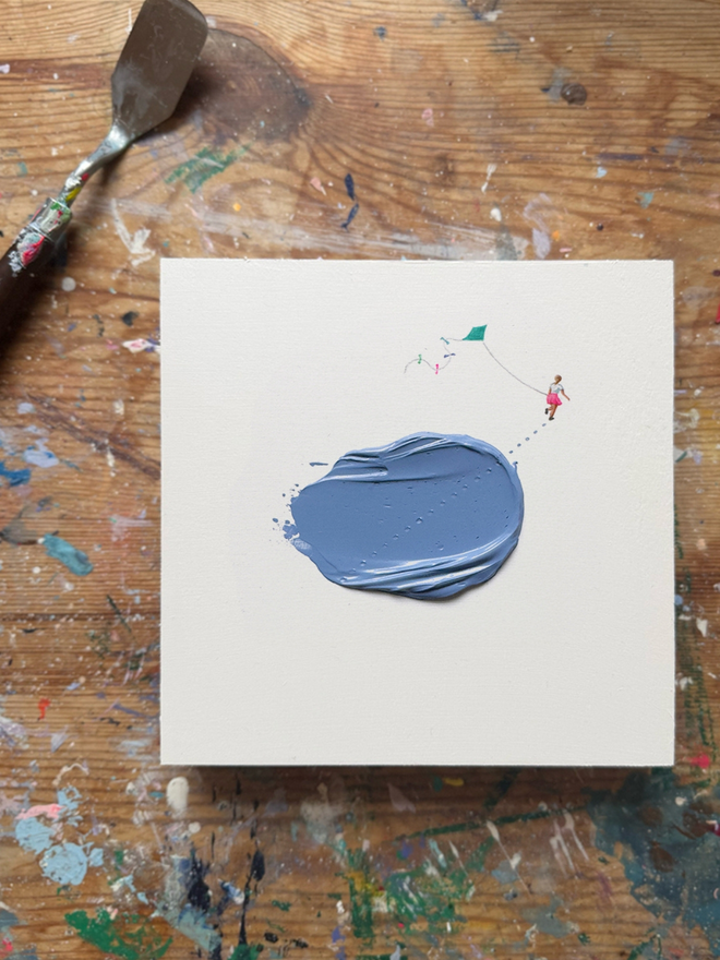 'Let's Fly A Kite' Art Piece. Textured painting of girl flying kite.