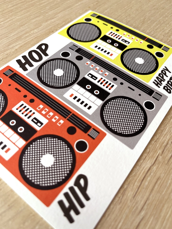 Happy birthday card with a stack of boom boxes