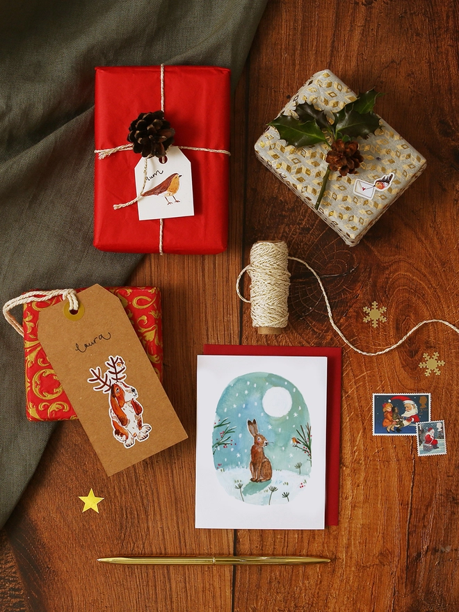 Hare and Robin in Moonlight Mini Christmas Card