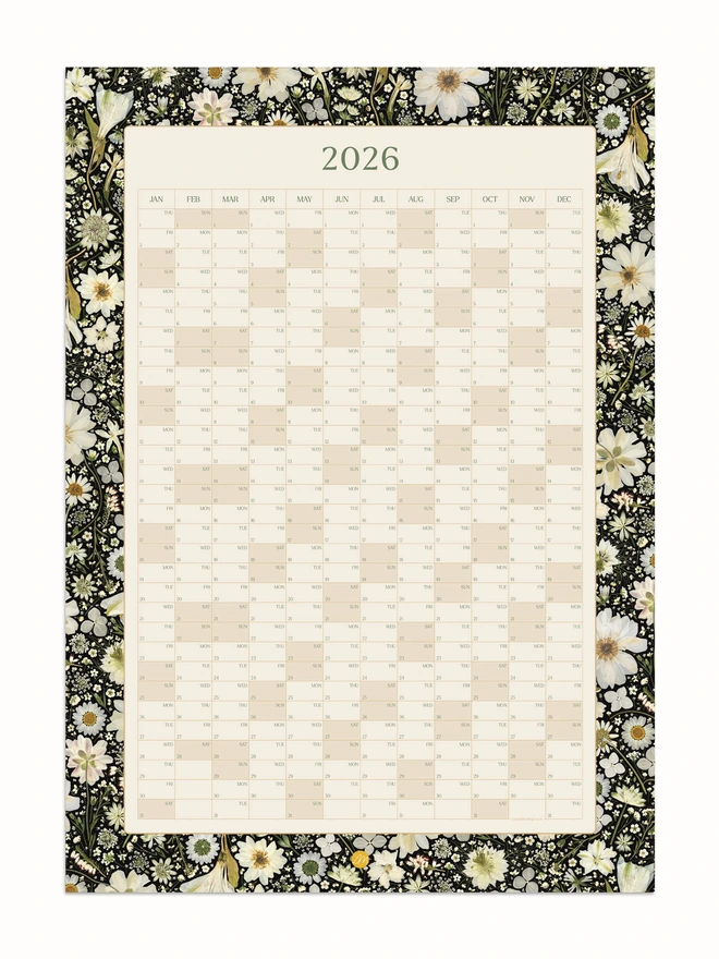 Pressed White Floral Annual Wall Calendar for 2026 – A botanical-inspired yearly planner with stunning pressed white flowers. Ideal for workspace decor, home offices, and studios. Great Christmas or birthday gift for planning and organising.