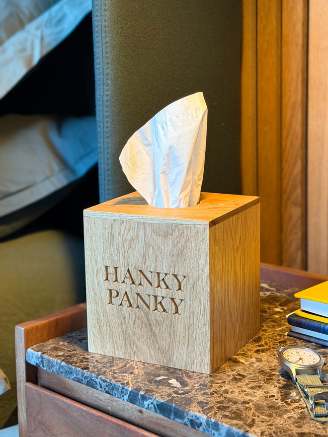Hanky Panky Tissue box on bedside table