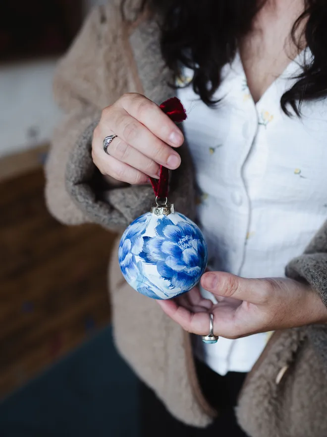 hand painted heirloom floral ceramic Christmas baubles peony